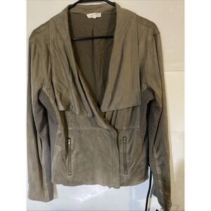 Mystree Olive Green Faux Suede Draped Waterfall Zipper Jacket Women's L